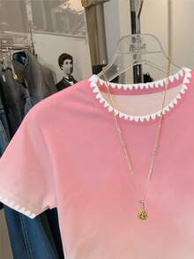 Resyla 女士花卉饰边渐变色圆领短袖休闲T恤 - 彩色 - 查看 4