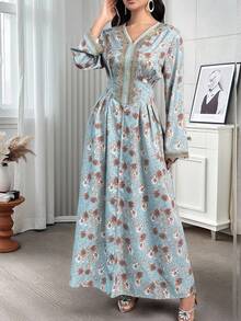 Al Najma 女士V领印花亮片装饰日常休闲阿拉伯风格连衣裙 - 彩色 - 查看 3