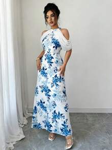 Rafferiza Đầm chiffon họa tiết hoa dành cho nữ, đầm lãng mạn cho kỳ nghỉ và hẹn hò, đầm in hình bóng cây, đầm lãng mạn đầu xuân, đầm đi làm và thường ngày, đầm hẹn hò và đầm dự tiệc trà. - Màu xanh lam - Xem 5