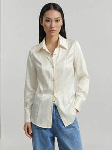 Ontre 2026 Nouvelle chemise à manches longues en satin texturé avec taille cintrée pour femmes, style bohème décontracté, convient pour les vacances, les mariages, le printemps - Beige - Voir 5