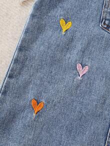 Genkimix Kids Girls' Blue Back-To-School Washed Loose Denim Pinafore Dress,Multi-Color Heart Embroidery,Soft Cotton Denim Casual Dress For Spring & Autumn Outing - Medium Wash - View 8