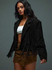 Hauture Women's Sexy Boho Faux Suede Dark Chocolate With Fringe Bold Shoulder Jacket - Black - View 3