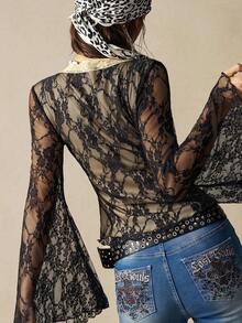 Bohemela Women's Casual Solid Color Knit Lace V-Neck Flare Sleeve Fitted Blouse - Multicolor - View 9