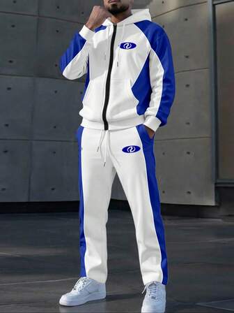 Manfinity Homme Men's Contrast Color Patchwork Hoodie And Sweatpants Set