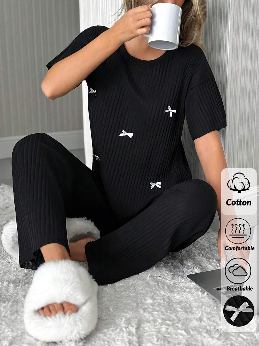 EURMUSE Cottonline Women Contrast Bows Detail Short Sleeve T-Shirt & Long Pants Homewear Lounge Pajama Set - Black - View 1