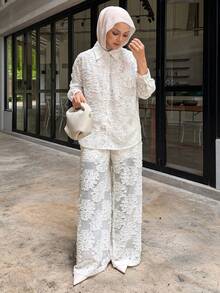 DAZY Women's Collared Jacquard Single-Breasted Long Sleeve Top And Wide-Leg Pants Fashion Casual Outfit - White - View 4