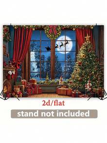 1 Piece Of Christmas Themed Party Background Fabric - Holiday Window Scenery, Tree And Gift Scenes, And Snow Santa Claus Sled, Polyester Fabric Suitable For Weddings, Birthdays, Festivals - No Electricity Required, Easy To Install, Christmas Decoration, Holiday Background Design, Flat Design - Multicolor - View 5