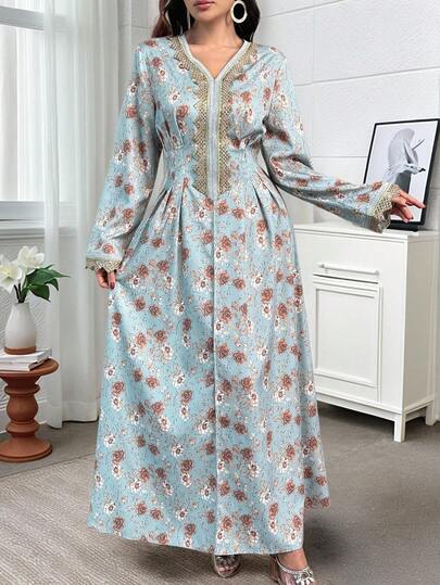 Al Najma Women's V-Neck Floral Print Sequin Decor Everyday Casual Arabic Style Dress