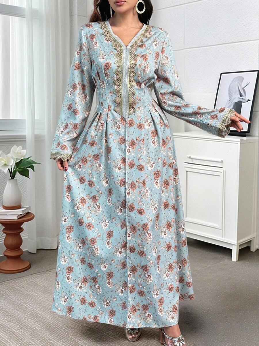 Al Najma 女士V领印花亮片装饰日常休闲阿拉伯风格连衣裙 - 彩色 - 查看 1