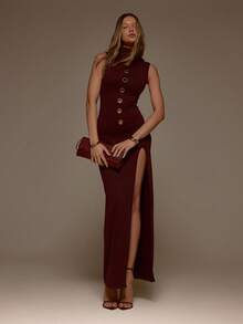 MUSERA 性感高领镂空修身开衩长裙，适合情人节、情人节派对、浪漫夜晚外出、度假、春夏等场合，优雅迷人。 - 酒紅色 - 查看 3