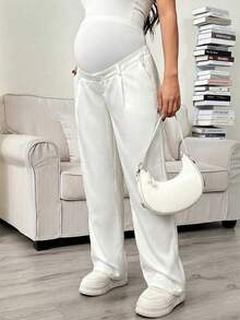 SHEIN Maternity Solid Color Pants With Waist Belt, Loose And Comfortable - White - View 3