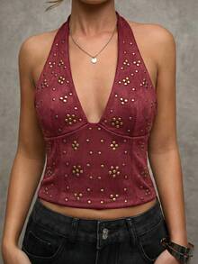 SHEIN BAE Women's Sexy Fashion Rivet Decor Backless Halter Neck Fitted Crop Top, Summer - Burgundy - View 7