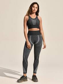 Exploreva Women Seamless Yoga Sports Bra; Sports Leggings; Running Training Bra Yoga Tank Top; High Waist High Elasticity Slimming Tight Leggings - Grey - View 1