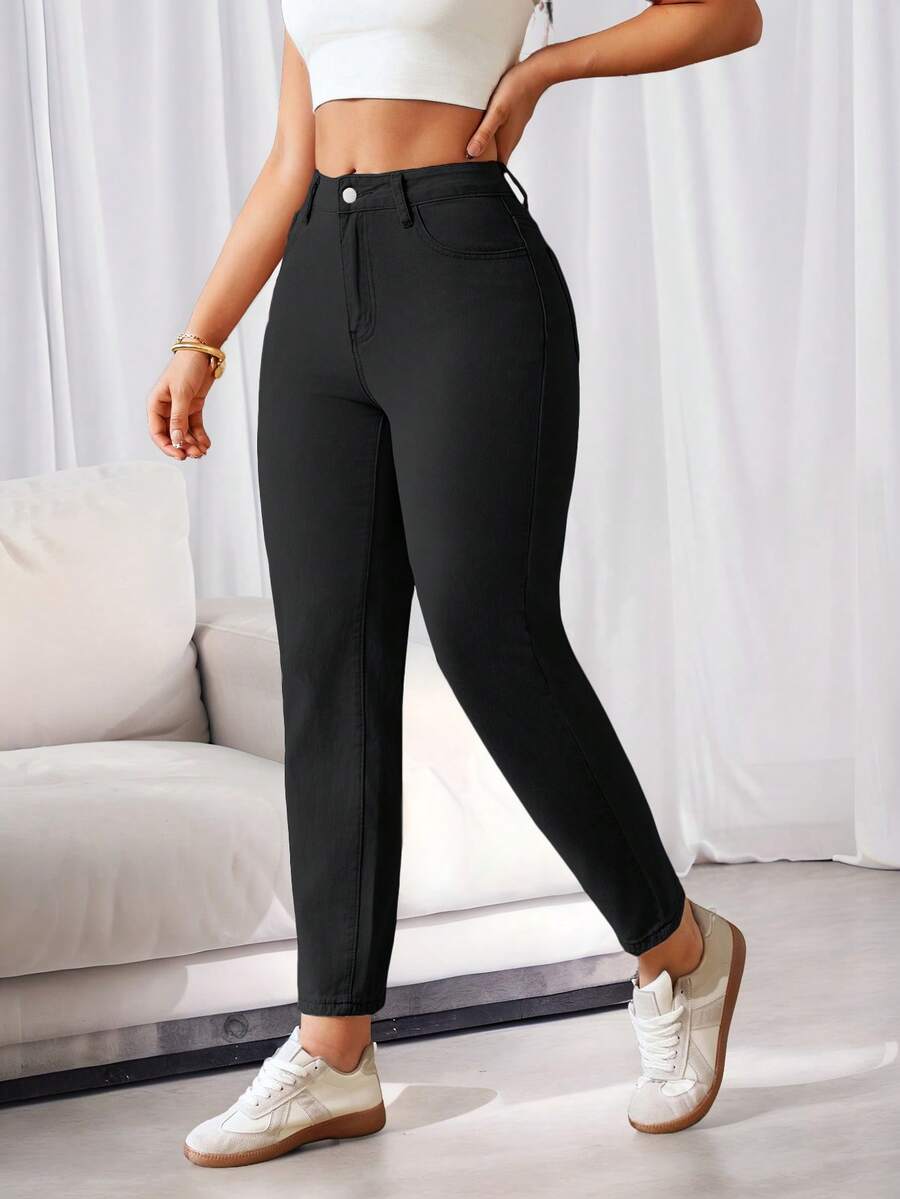 SHEIN ICON Quần Jeans Mom Jeans Màu Trơn Thường Ngày - màu đen - Xem 1