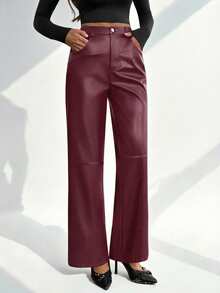 SHEIN Tall Pantalones rectos de piel de poliuretano negros para una cita - Burdeos - Ver 11