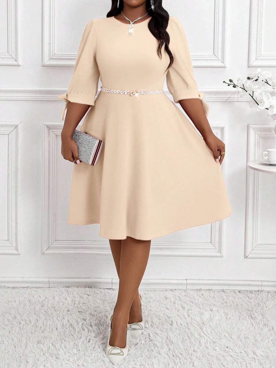 SHEIN Lady Váy cỡ lớn mùa xuân hè thu đông thanh lịch dự tiệc công sở cưới tiệc cocktail văn phòng màu kaki dệt kim cổ tròn tay phồng nơ dài đến đầu gối tay lửng cỡ lớn trang phục đi nghỉ mát váy dự tiệc mùa hè váy mùa xuân đi chơi bộ sưu tập quần áo thời trang váy thường ngày - Màu Khaki - Xem 1