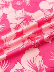 少女度假针织粉色芙蓉花印花露背吊带衫，腰部褶皱修身时尚款式，适合春夏、派对、约会、情人节、下午茶、复活节、狂欢节、海滩游轮等场合。 - 玫紅色 - 查看 7