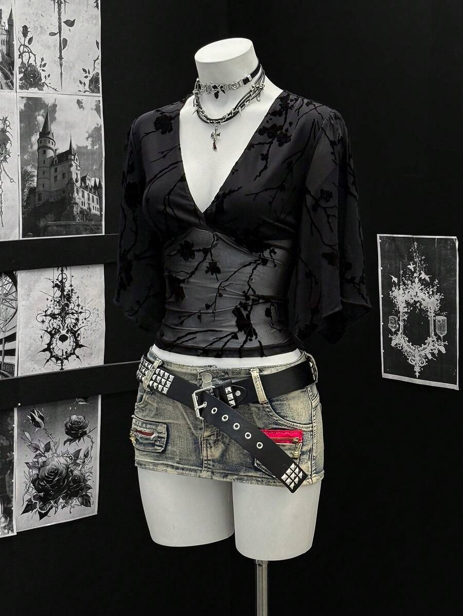 SHEIN DivaQ Women's Fashionable Black Flocked Mesh Deep V-Neck Long Sleeve T-Shirt - Black - View 1