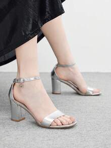 CUCCOO BIZCHIC 女士方头粗跟银色踝带露趾高跟凉鞋，适合日常通勤、百搭、婚礼、派对、约会等各种场合。 - 銀色 - 查看 3