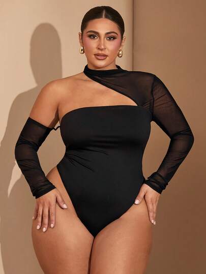 SHEIN BAE 大码女式黑色网纱撞色不对称连体衣，无肩带连体衣，女式连体衣及演唱会女装和节日服装夏季上衣，冬季款