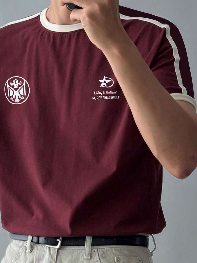 Men's Letter Print Contrast Color Collar T-Shirt, Wine Red, Summer