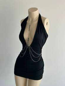 EgrlEra Sexy Deep V-Neck Chain Decor Dark Punk Style Mini Dress For Women - Black - View 3