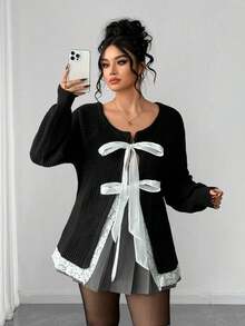 SHEIN Clasi Suéter holgado de manga larga con parches de encaje y lazo elegante para mujer de talla grande, abrigo casual, Navidad, invitado de boda - Negro - Ver 4