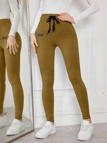 Modelyn Leggings ajustados de unicolor con cordón elástico - Mostaza Amarilla - Ver 6