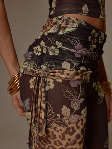 MUSERA Floral Animal Print Power Mesh Foldover Tie Side Fitted Flared Trousers Valentines Sexy Cute Party Romantic Night Out Occasion Winter Vacation - Multicolor - View 5