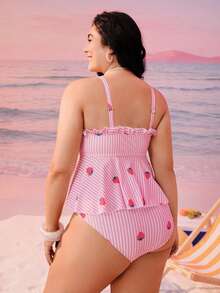 Swim Mod 大码女式两件套随机印花吊带泳衣，带收腹设计，适合海滩和度假 - 彩色 - 查看 2