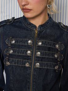 COUREZ Fitted Denim Drummer Jacket / Y2K Fitted Denim Jacket Fall Winter Lightweight Denim Button Zip Front NYE Occasion