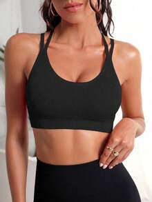 SHEIN Velisys 2 chiếc áo ngực thể thao nữ màu trơn, không đường may, độ co giãn cao, thoải mái, phù hợp mặc hàng ngày. - màu đen - Xem 3