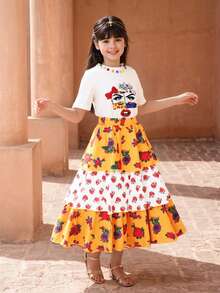Teen Girl White Cute Summer Vacation Casual 2 Piece Set,Letter Print Short Sleeve T-Shirt Paired With Colorful Rose Cake Maxi Skirt Outfit For Girls - Multicolor - View 1