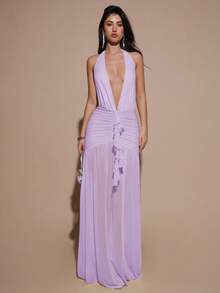 SHEIN BAE 性感简约纯色黄色奶油色深V领露背修身褶皱网纱长款连衣裙，适合派对、鸡尾酒会、正式场合、伴娘、生日、圣诞节、商务休闲等场合，优雅女装 - 淡紫色 - 查看 3
