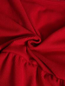 少女休闲可爱荷叶边领泡泡袖T恤，适合女学生日常穿着 - 酒紅色 - 查看 7