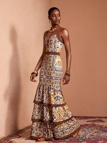 JIAN LASALA All-Over Print Sleeveless Deep V Color Blocked Binding Layered Ruffled Women Maxi Dress - Multicolor - View 4