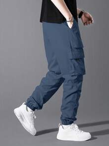 Manfinity Homme Men's Solid Color Slant Pocket Casual Versatile Jogger Pants Men Cargos Blue Cargo Pants Men Men Street Wear Pants - Navy Blue - View 5