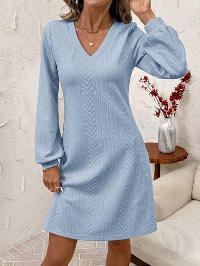 SHEIN Clasi Brown Brushed V-Neck Long Sleeve Short Knit Dress For Women, Autumn/Winter Long Sleeve Powder Blue Dress Powder Blue Dress Women Light Blue Dress