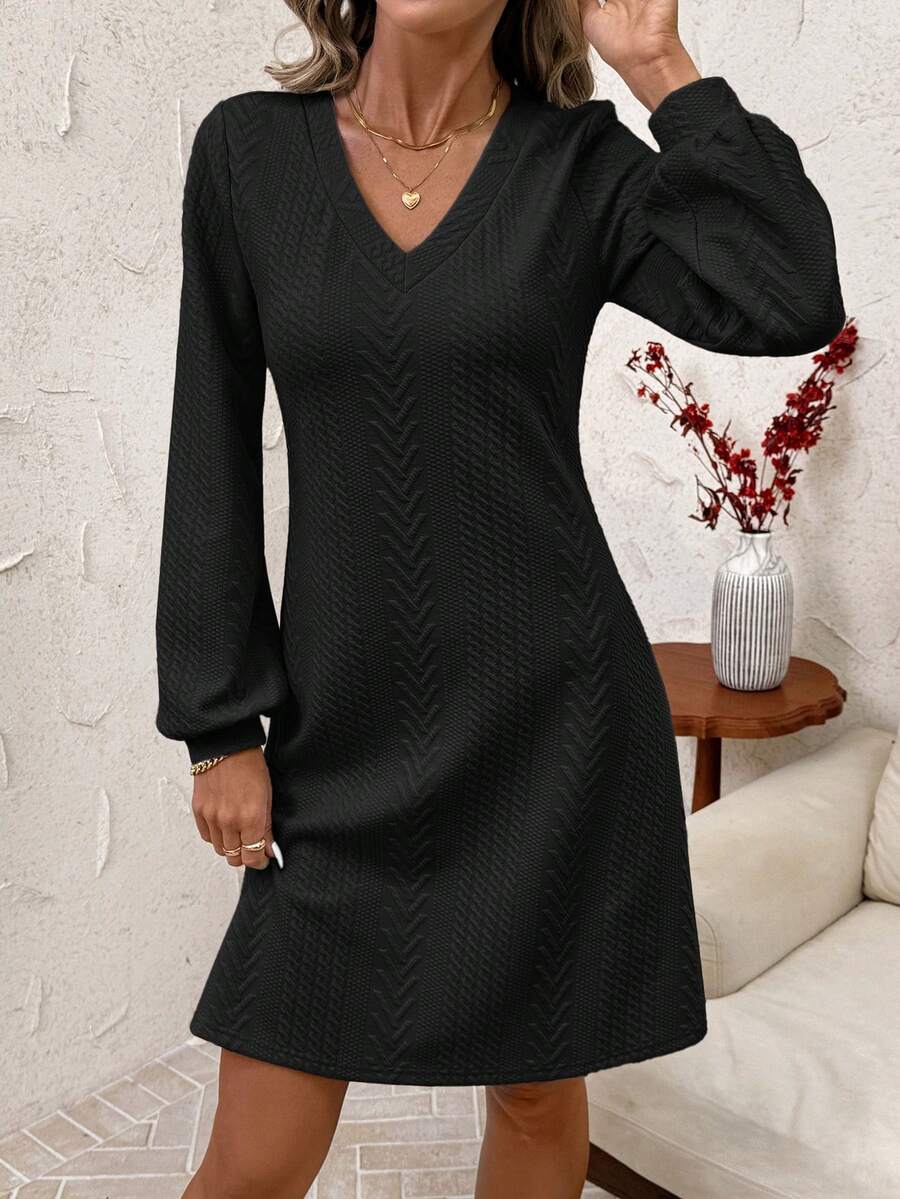 SHEIN Clasi 棕色磨毛V领长袖短款针织连衣裙，女士秋冬款 - 黑色 - 查看 1