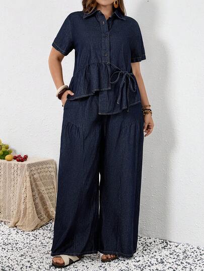 EMERY ROSE Plus Size Dam 2-delat Set: Asymmetrisk Skjorta med Knappar och Vida Jeans, Casual