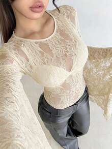 Aloruh Women's Halloween Flare Sleeve Apricot Lace Bodysuit - Apricot - View 7