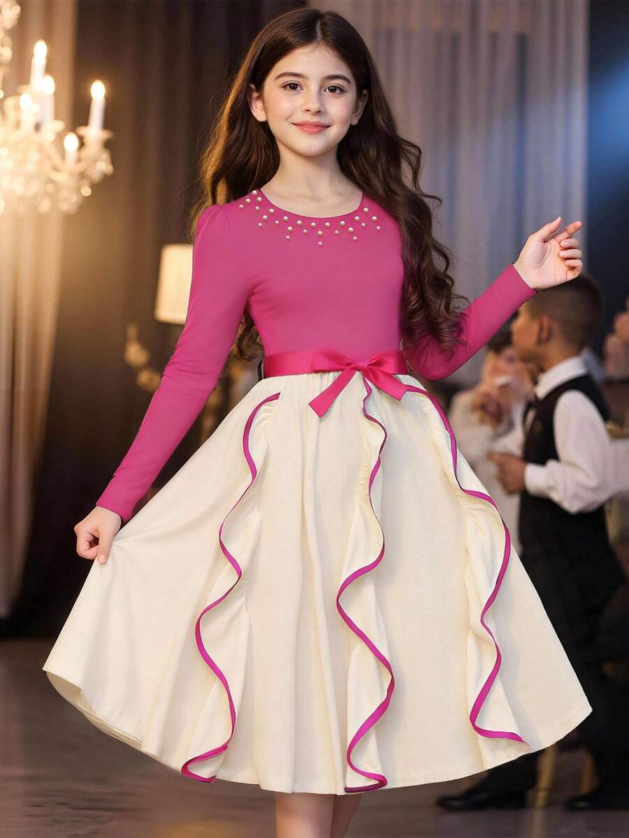 SHEIN Elegant Fashionable Contrast Color Ribbon & Pearl Collar Dress For Teenage Girls - Hot Pink - View 1