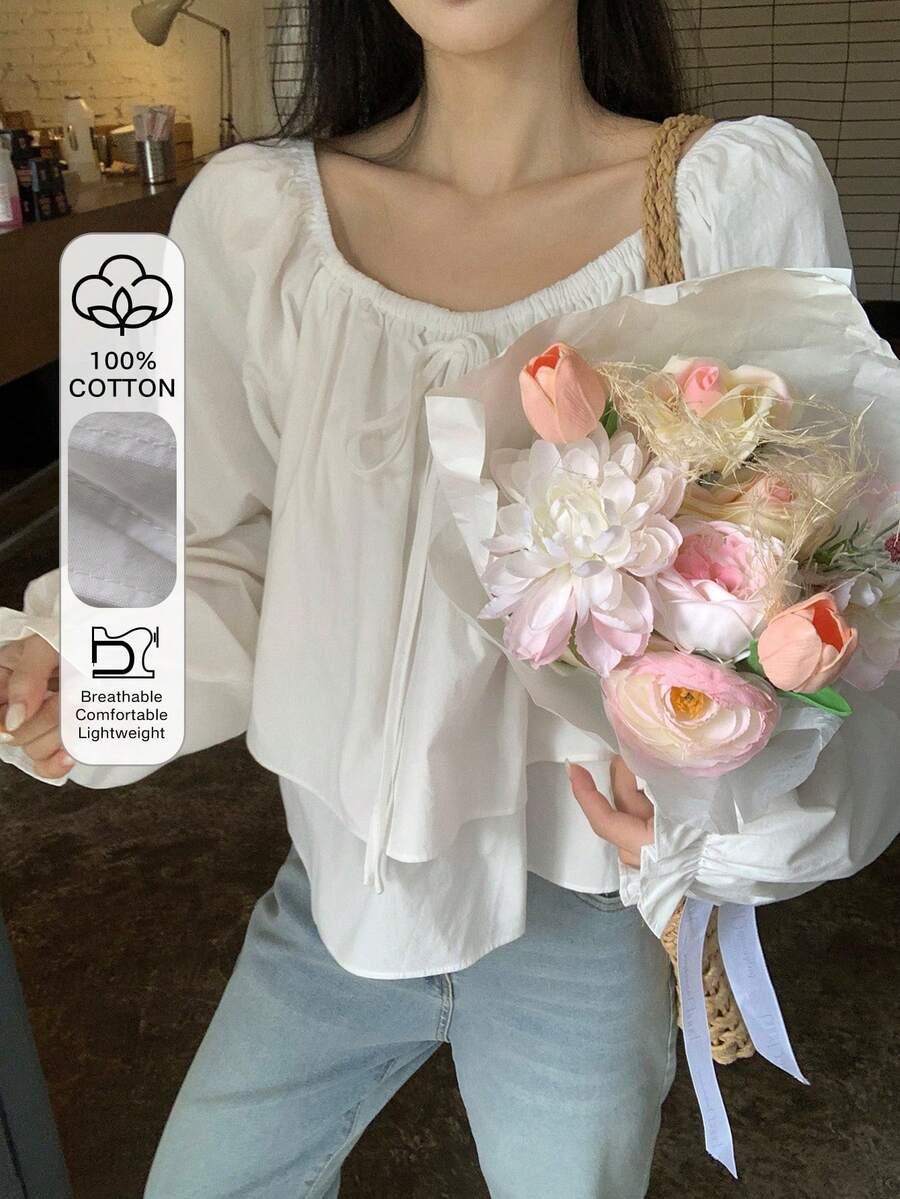 DAZY 女士方领蝴蝶结纯色休闲长袖衬衫 - 白色 - 查看 1