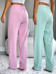 EURMUSE 棉质罗纹针织两件套纯色撞色缝线蝴蝶结细节女士家居睡裤套装 女士睡裤 女士睡裤 家居裤 舒适睡裤 舒适睡裤 女士睡裤 可爱睡裤 - 彩色 - 查看 2