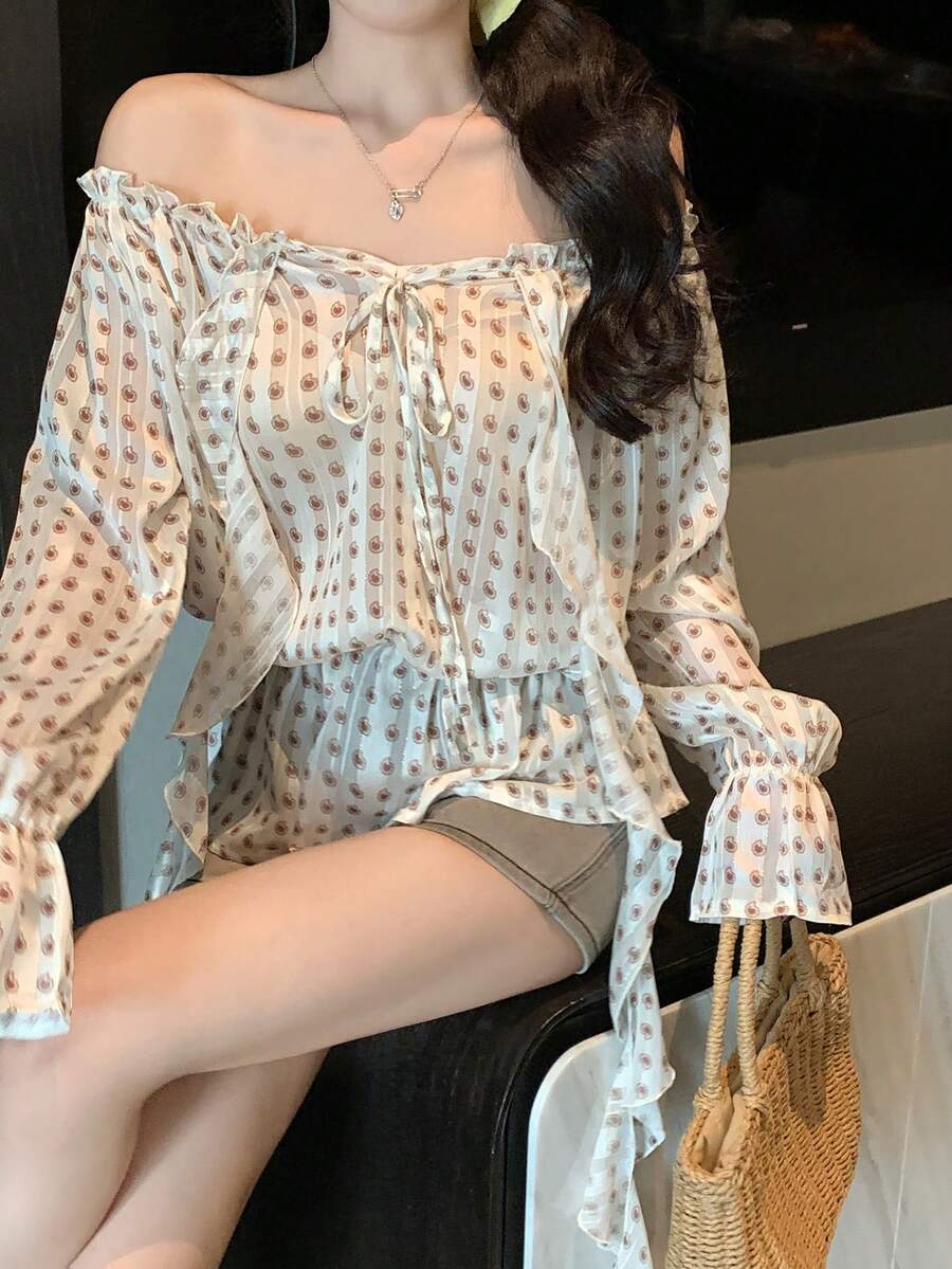 DAZY Women's Floral Polka Dot Tie Waist Off-Shoulder Flare Sleeve Elegant Vacation Blouse, Spring/Autumn - Apricot - View 1