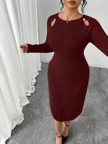 Elenzga Plus Size Women Hollow Out Solid Color Crew Neck Sweater Dress - Red - View 1
