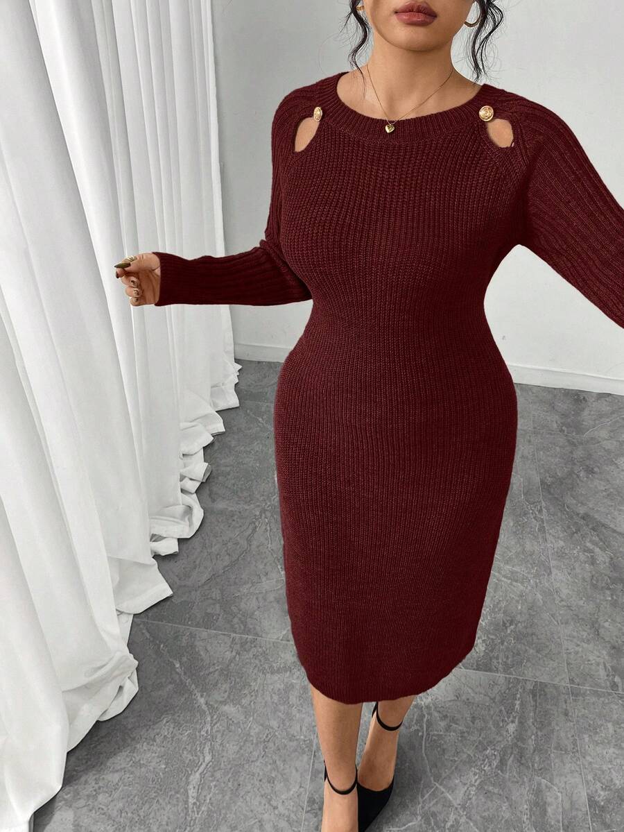 Elenzga Plus Size Women Hollow Out Solid Color Crew Neck Sweater Dress - Red - View 1