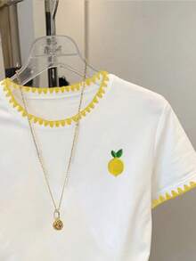 Resyla Women's Casual Contrast Trim Lemon Print T-Shirt, Summer - White - View 3