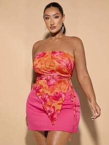 SHEIN BAE 大码女士优雅度假抽绳不对称抹胸上衣，花卉印花设计，适合音乐节、海滩度假/外出/演唱会/夏季服装/无袖上衣/休闲上衣/印花露脐上衣