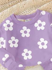 两件套可爱甜美女婴休闲套装，白色碎花印花设计，紫色长袖圆领卫衣和打底裤，舒适长袖圆领运动卫衣和打底裤，适合秋冬春季穿着。 - 彩色 - 查看 4